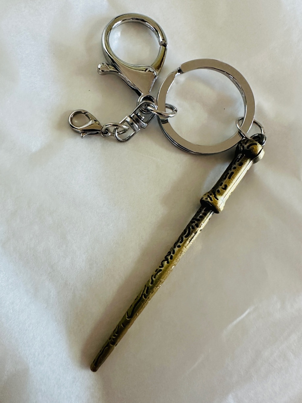 Harry Potter’s Wizard Wand, Keychain - Charm- Antique Brass & Silver Tone